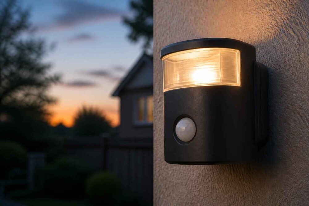 Czarna zewnętrzna lampa ścienna świecąca o zmierzchu na tle domu i ogrodu