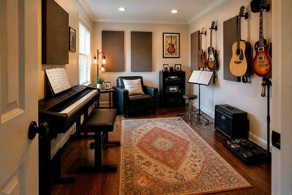 Przytulne studio muzyczne z pianinem, gitarami na ścianie, wzmacniaczem i stojakiem na nuty
