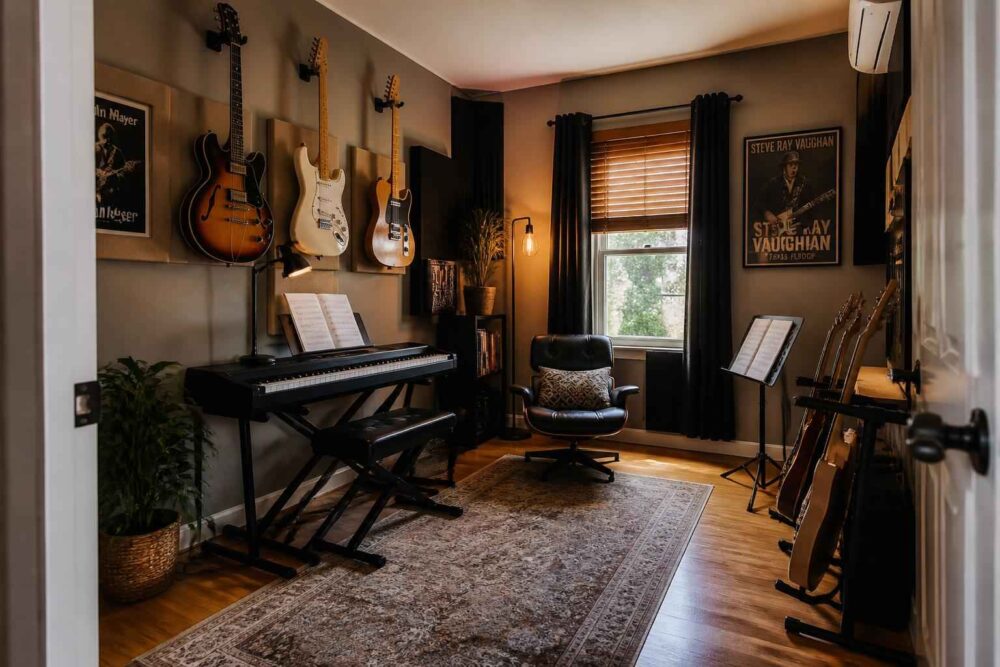 Elegancki pokój do muzykowania z keyboardem i gitarami Pokój muzyczny z keyboardem, gitarami na ścianie, nutami, fotelem i wzmacniaczem przy oknie