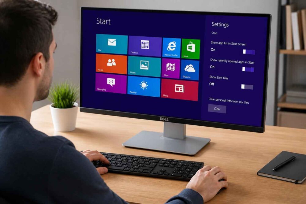 Mężczyzna przy biurku korzysta z komputera Dell z ekranem startowym Windows 8, klawiaturą i myszą