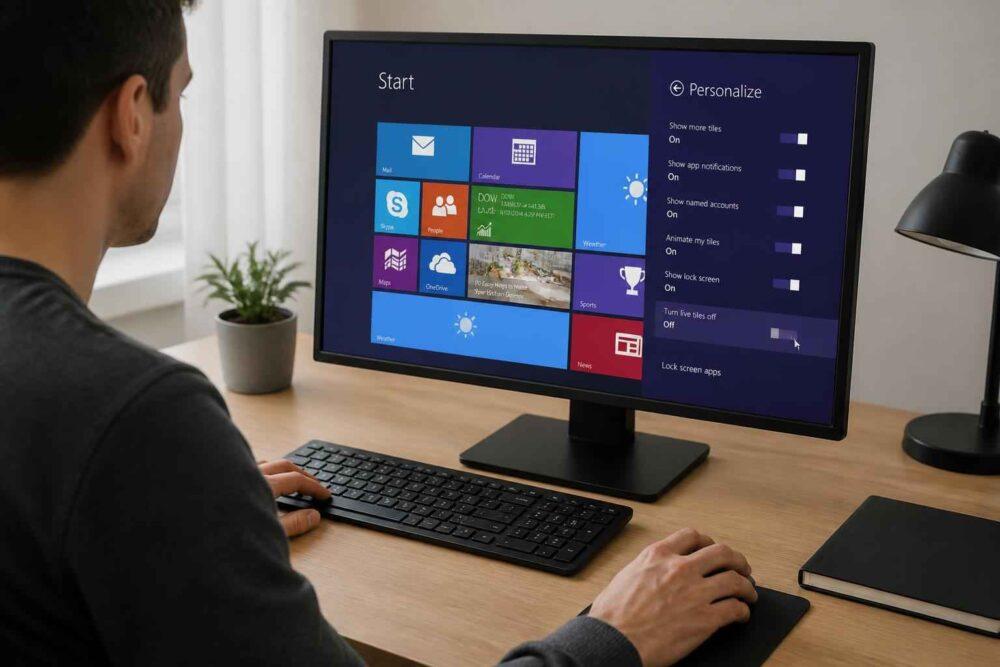 Mężczyzna korzysta z komputera stacjonarnego przy biurku z klawiaturą i monitorem Windows 10