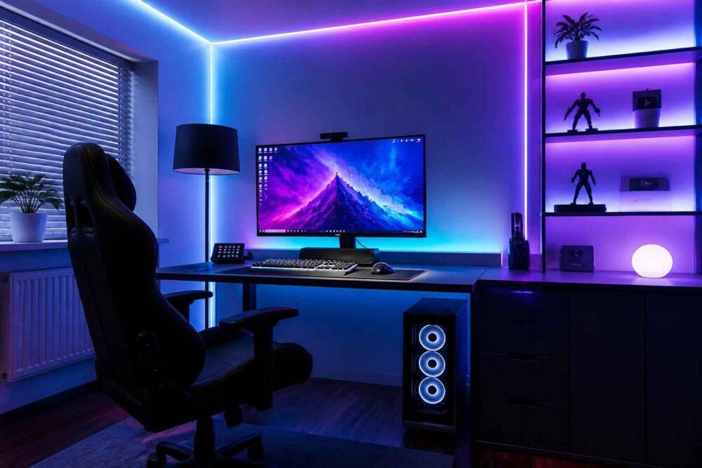 Gamingowe stanowisko komputerowe z monitorem, fotelem i kolorowym oświetleniem LED
