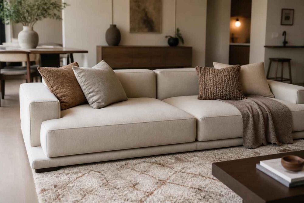 Jasna sofa z poduszkami i kocem w eleganckim, przytulnym salonie