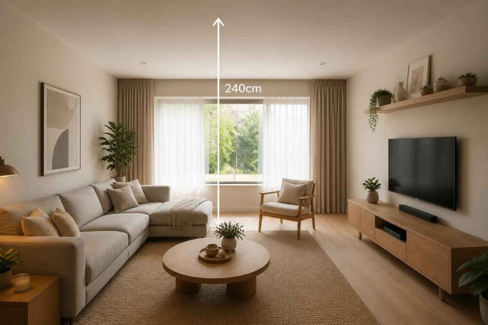 Przytulny salon z oknem o wysokości 240 cm Przytulny salon z narożną sofą, okrągłym stolikiem, fotelem i dużym oknem o wysokości 240 cm