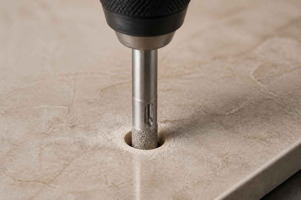 Diamentowe wiertło wykonuje otwór w beżowej płytce ceramicznej
